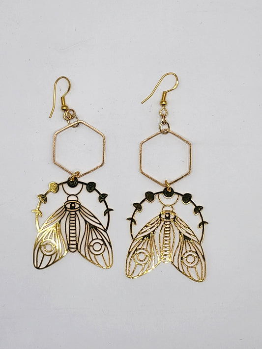 Moon Moth Hexagon Earrings