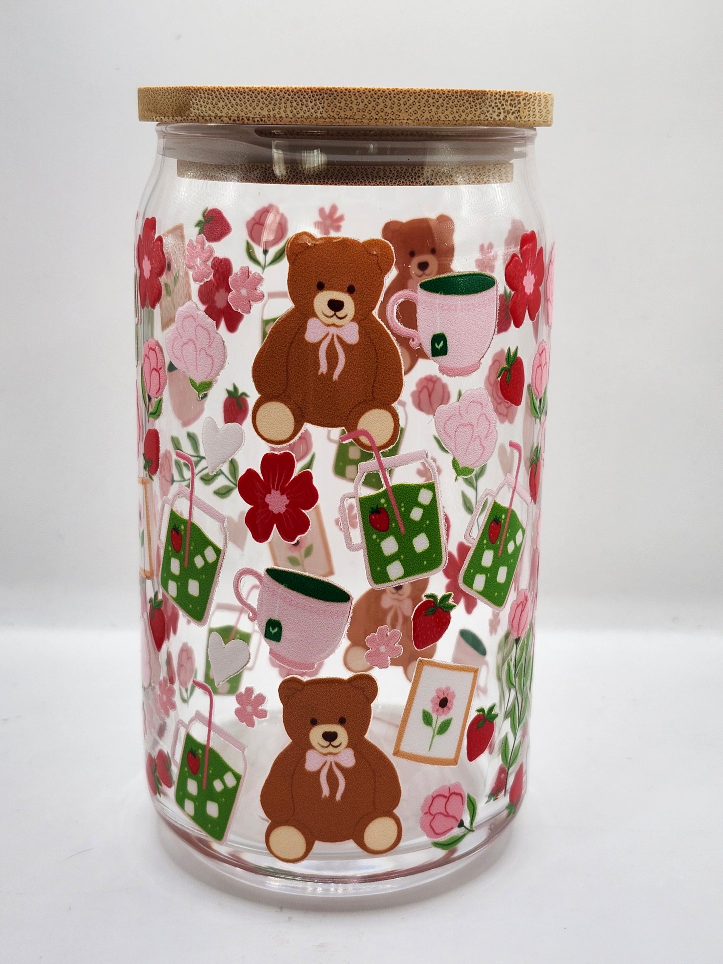 Matcha Strawberry Bear Glass Cup