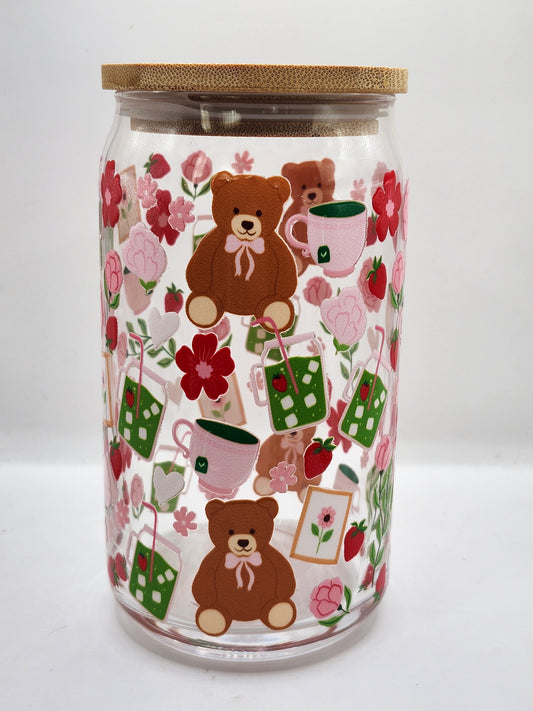 Matcha Strawberry Bear Glass Cup