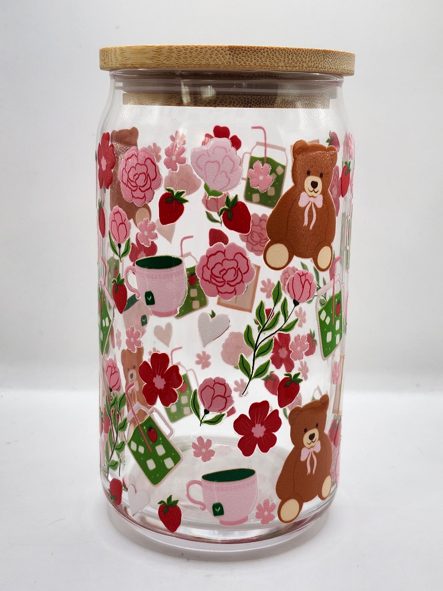 Matcha Strawberry Bear Glass Cup