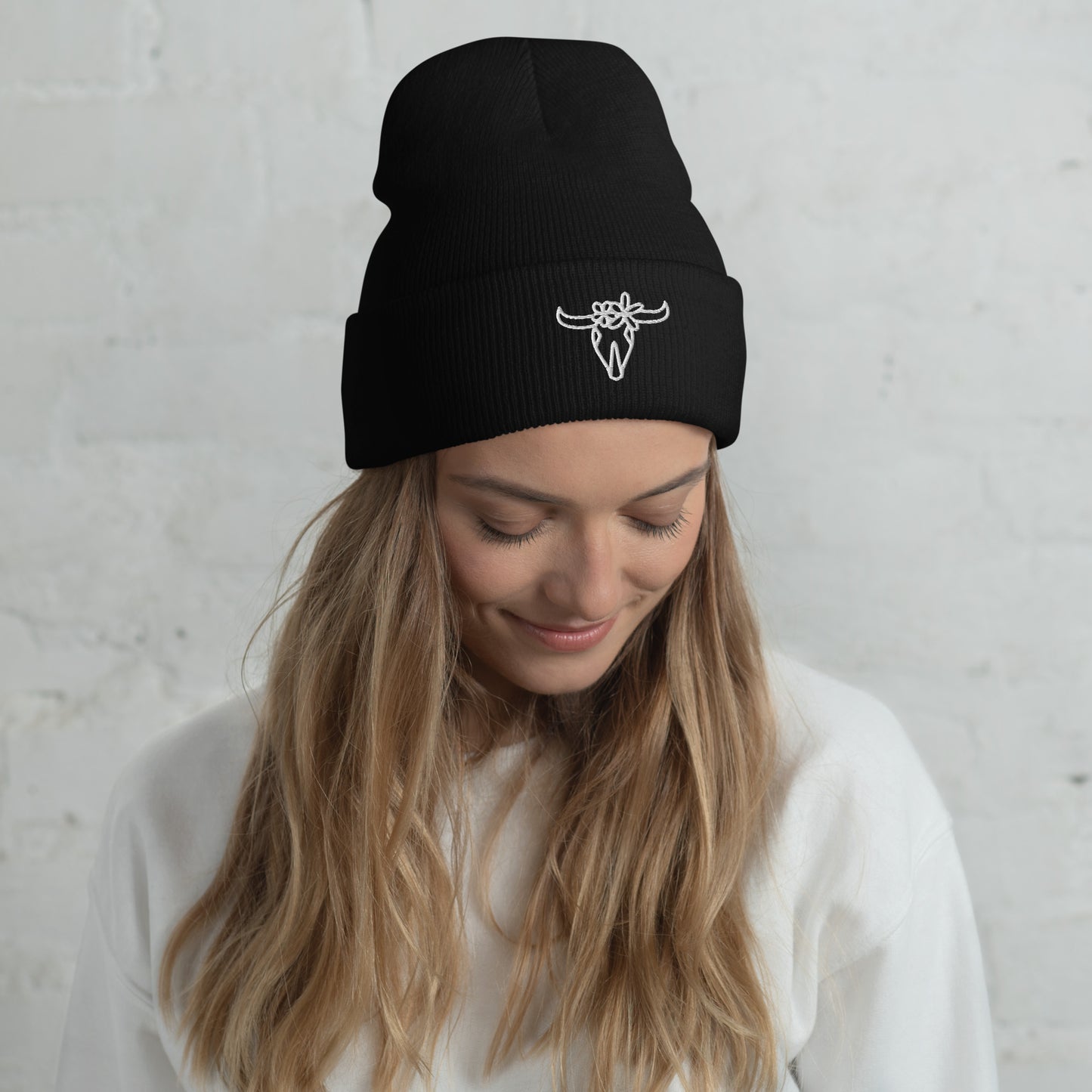 Floral Bull Horn Cuffed Beanie